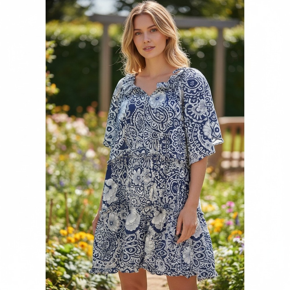 Hyacinth House Womens XL Dress Blue White Paisley Floral Tiered Ruffle Thea Mini